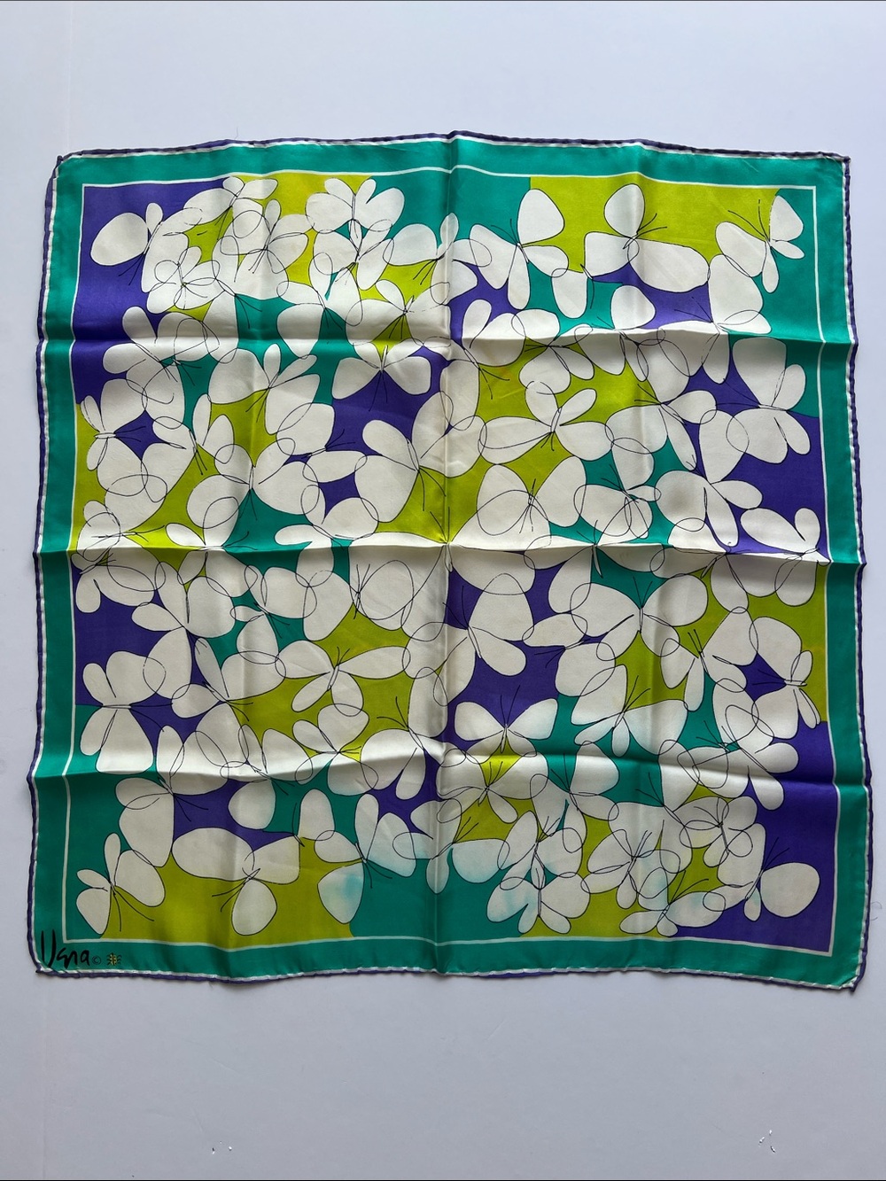 Vintage Vera Neumann Silk Scarf in Teal, Lime & Purple with butterfly motif.
